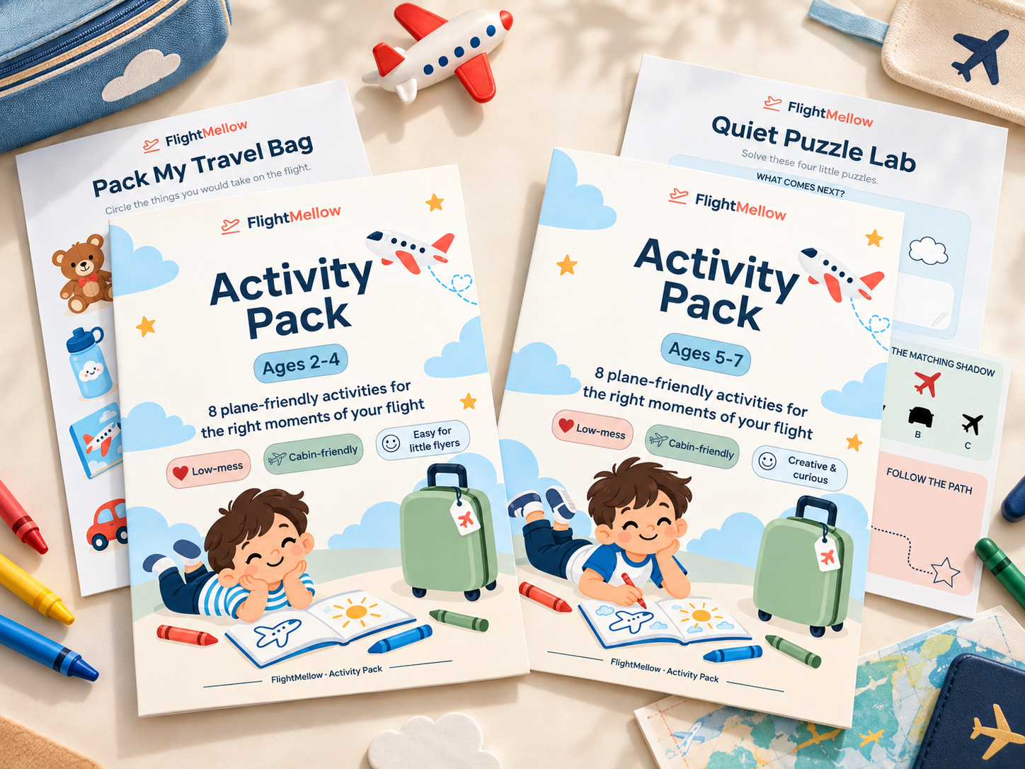 FlightMellow printable Activity Packs for children ages 2–4 and 5–7
