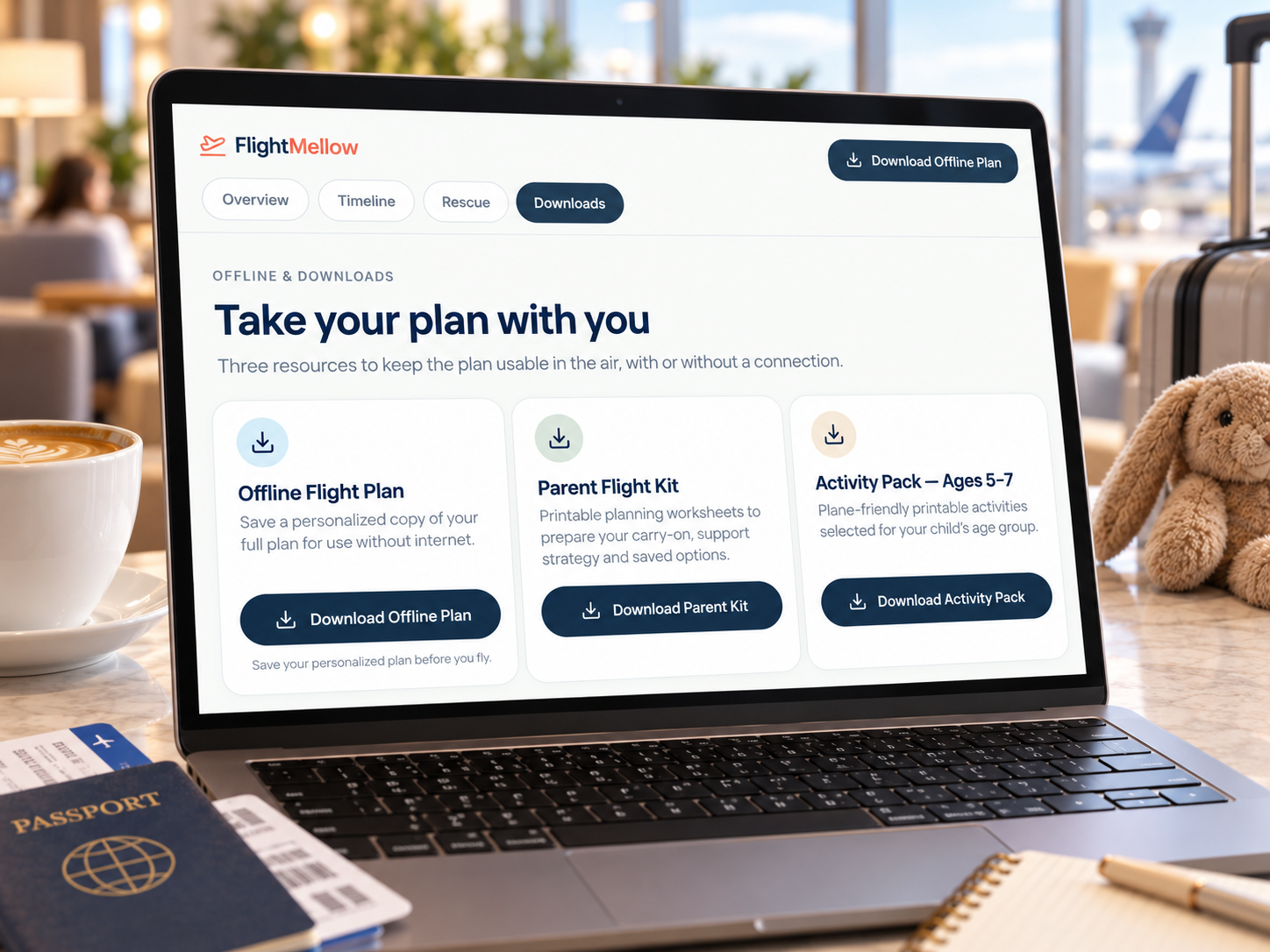 FlightMellow downloadable Offline Flight Plan, Parent Flight Kit and age-based Activity Pack
